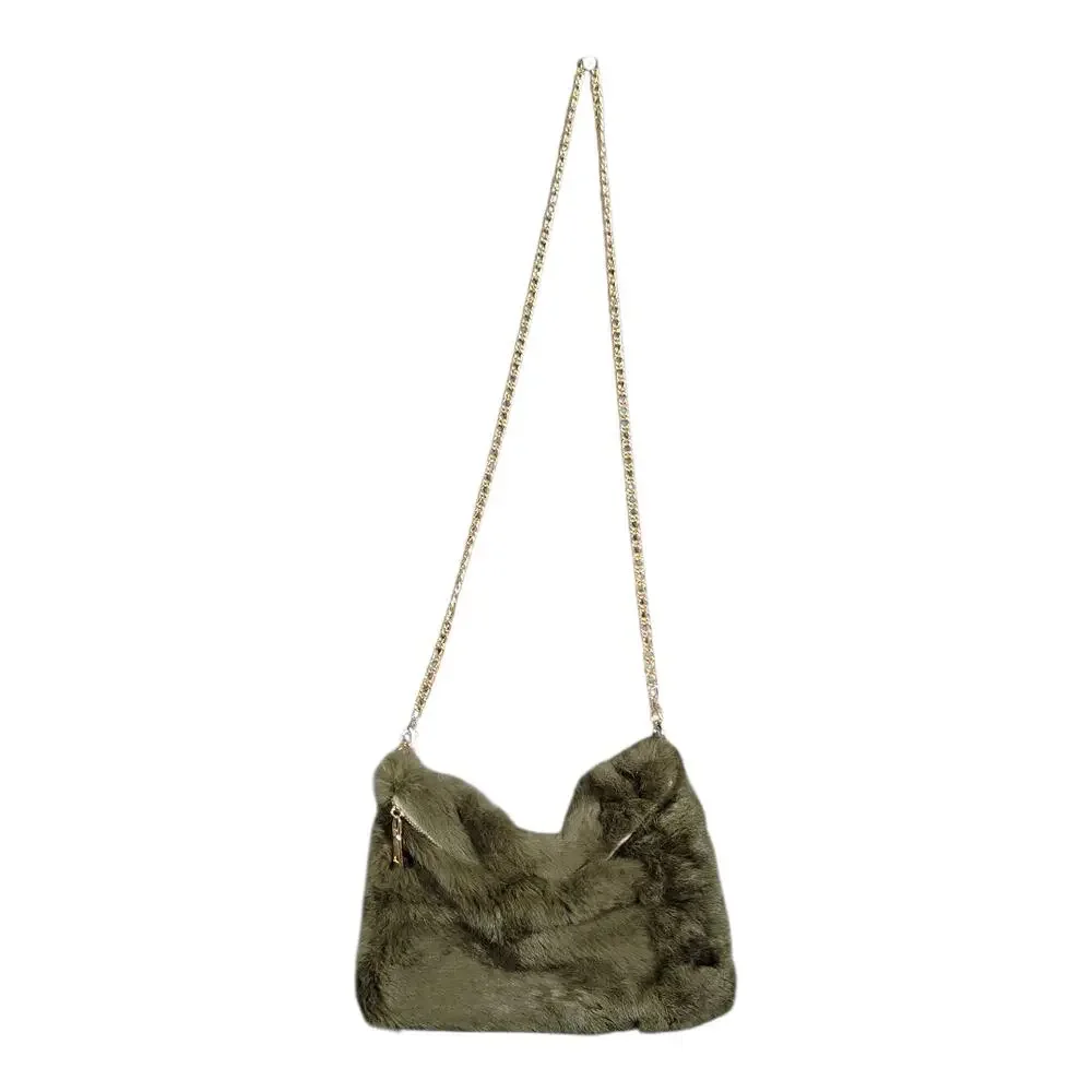 Faux Fur Shoulder Crossbody Bag with Gold Tone Chain Strap Winter Cozy Green‎